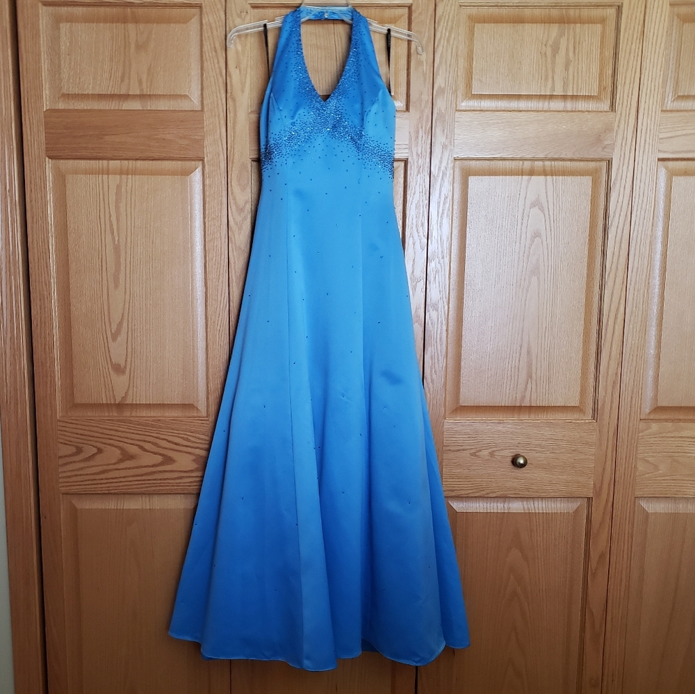 Delaru Juniors 3/4 Halter Beaded Blue Dress